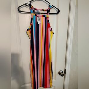 Love J multicolored striped mini dress with spaghetti straps, size L.